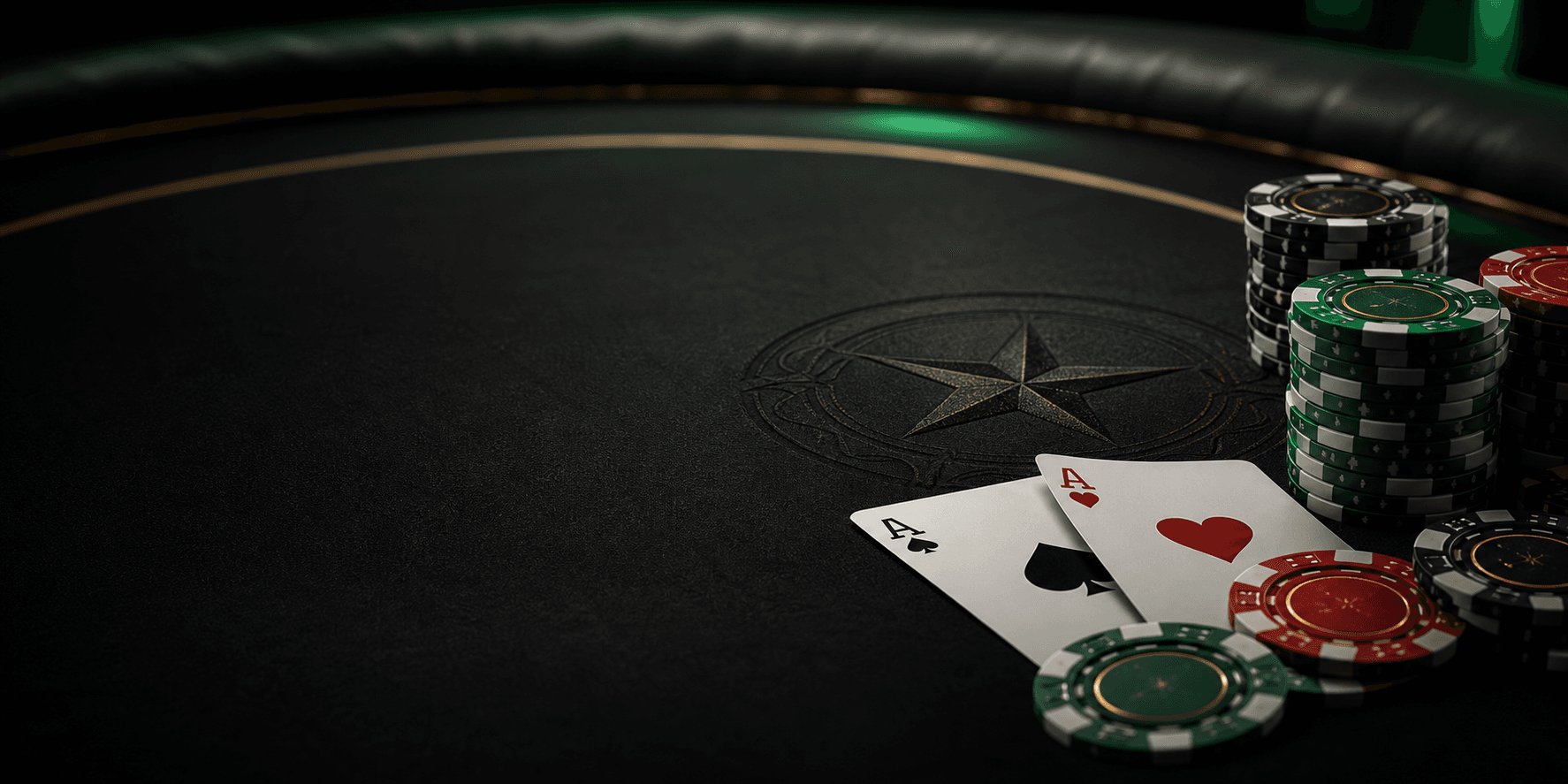 Poker chips and playing cards on a dark Texas-inspired poker table